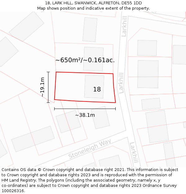 18, LARK HILL, SWANWICK, ALFRETON, DE55 1DD: Plot and title map