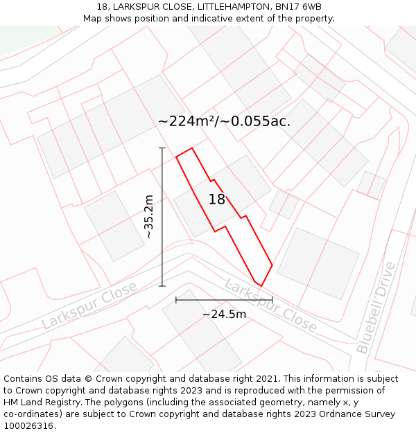 18, LARKSPUR CLOSE, LITTLEHAMPTON, BN17 6WB: Plot and title map