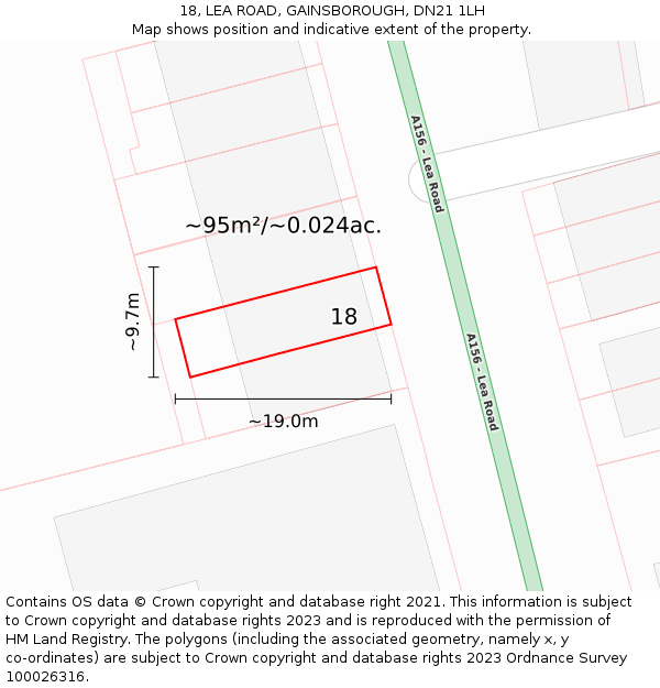 18, LEA ROAD, GAINSBOROUGH, DN21 1LH: Plot and title map