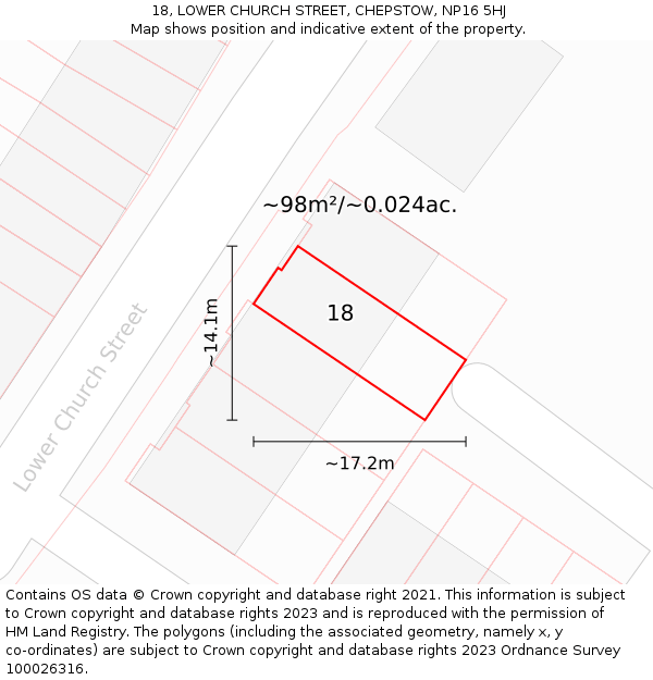 18, LOWER CHURCH STREET, CHEPSTOW, NP16 5HJ: Plot and title map