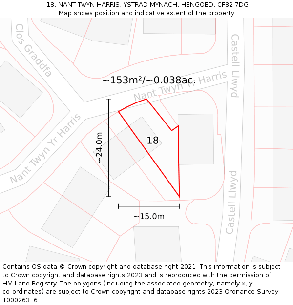 18, NANT TWYN HARRIS, YSTRAD MYNACH, HENGOED, CF82 7DG: Plot and title map