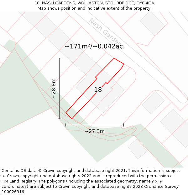 18, NASH GARDENS, WOLLASTON, STOURBRIDGE, DY8 4GA: Plot and title map
