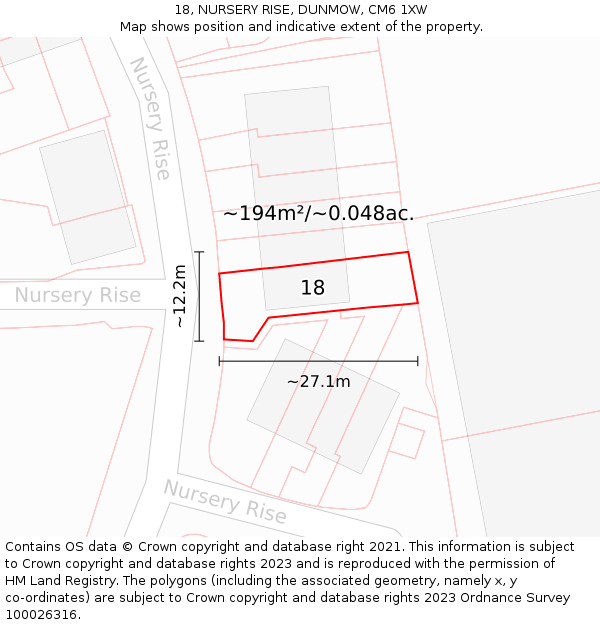 18, NURSERY RISE, DUNMOW, CM6 1XW: Plot and title map
