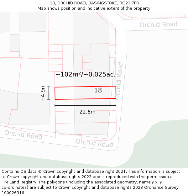 18, ORCHID ROAD, BASINGSTOKE, RG23 7FR: Plot and title map