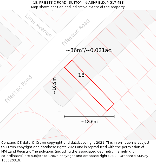 18, PRIESTSIC ROAD, SUTTON-IN-ASHFIELD, NG17 4EB: Plot and title map
