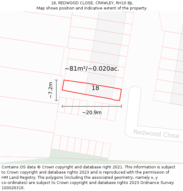 18, REDWOOD CLOSE, CRAWLEY, RH10 8JL: Plot and title map