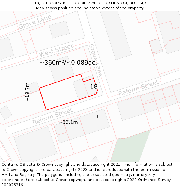 18, REFORM STREET, GOMERSAL, CLECKHEATON, BD19 4JX: Plot and title map