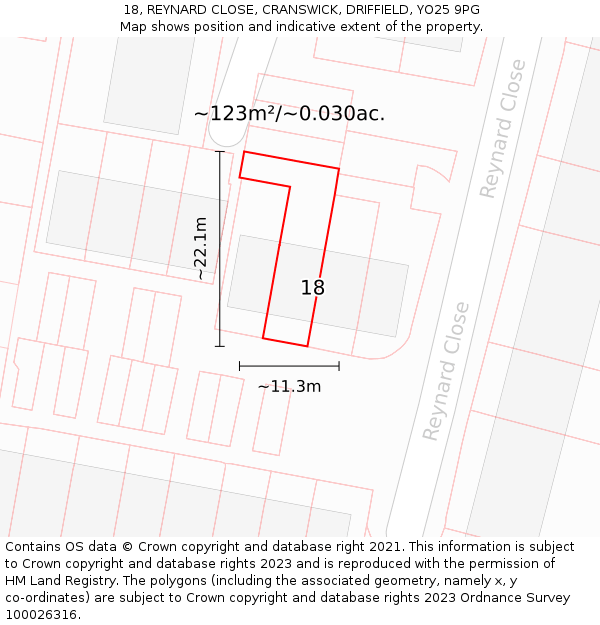 18, REYNARD CLOSE, CRANSWICK, DRIFFIELD, YO25 9PG: Plot and title map
