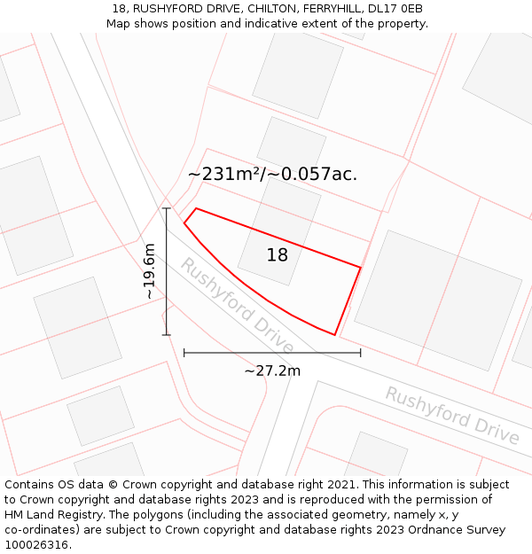 18, RUSHYFORD DRIVE, CHILTON, FERRYHILL, DL17 0EB: Plot and title map