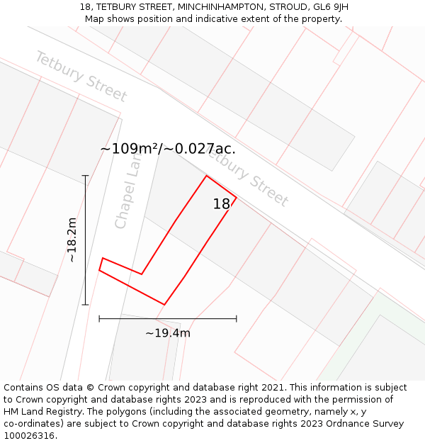 18, TETBURY STREET, MINCHINHAMPTON, STROUD, GL6 9JH: Plot and title map