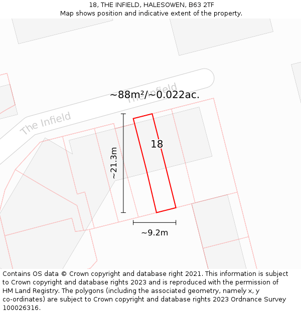 18, THE INFIELD, HALESOWEN, B63 2TF: Plot and title map