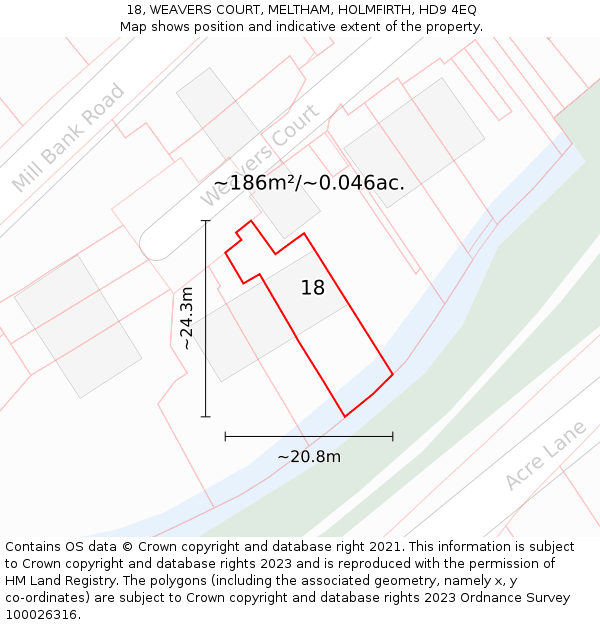 18, WEAVERS COURT, MELTHAM, HOLMFIRTH, HD9 4EQ: Plot and title map