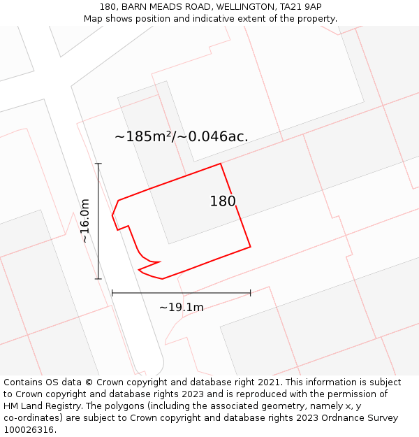 180, BARN MEADS ROAD, WELLINGTON, TA21 9AP: Plot and title map