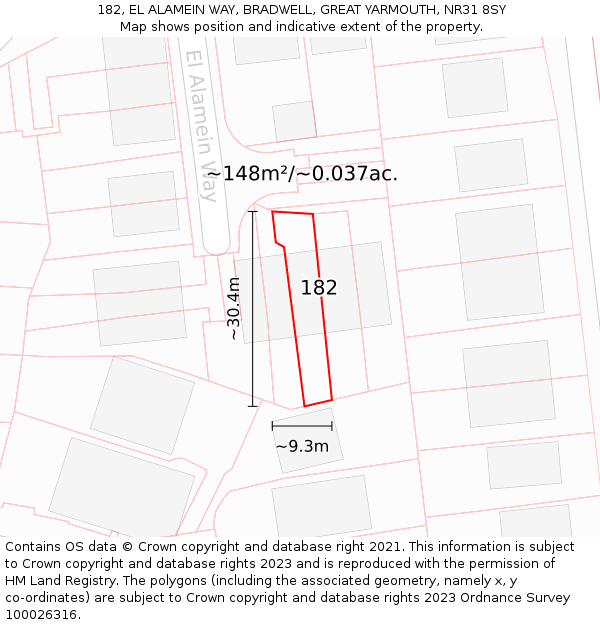 182, EL ALAMEIN WAY, BRADWELL, GREAT YARMOUTH, NR31 8SY: Plot and title map