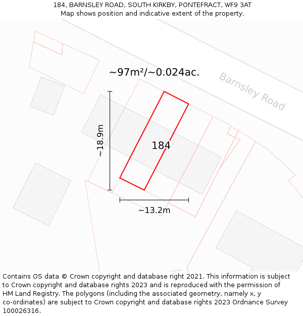 184, BARNSLEY ROAD, SOUTH KIRKBY, PONTEFRACT, WF9 3AT: Plot and title map