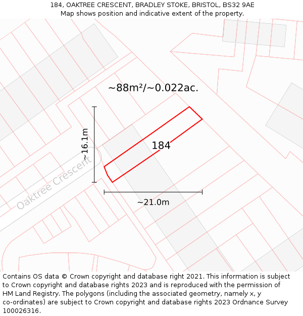 184, OAKTREE CRESCENT, BRADLEY STOKE, BRISTOL, BS32 9AE: Plot and title map