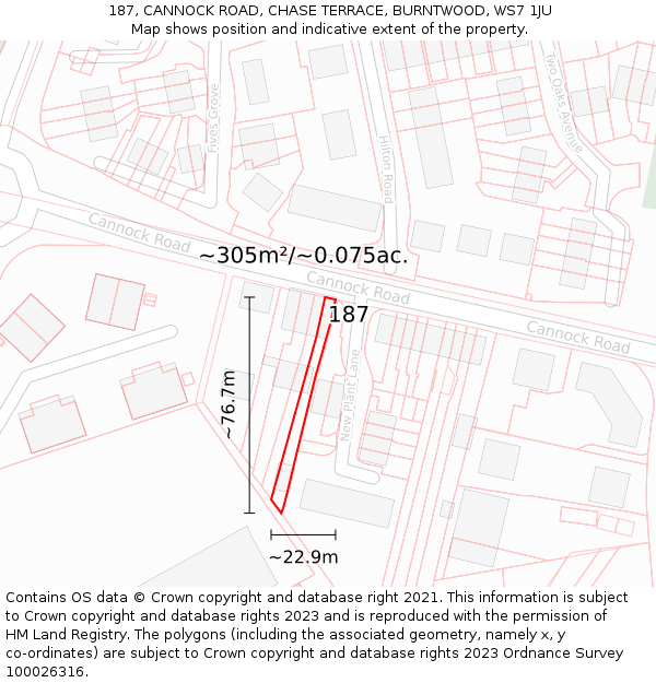 187, CANNOCK ROAD, CHASE TERRACE, BURNTWOOD, WS7 1JU: Plot and title map