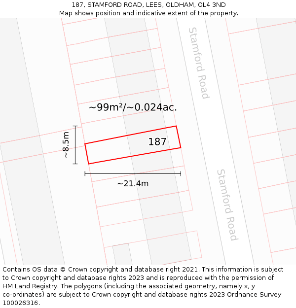 187, STAMFORD ROAD, LEES, OLDHAM, OL4 3ND: Plot and title map