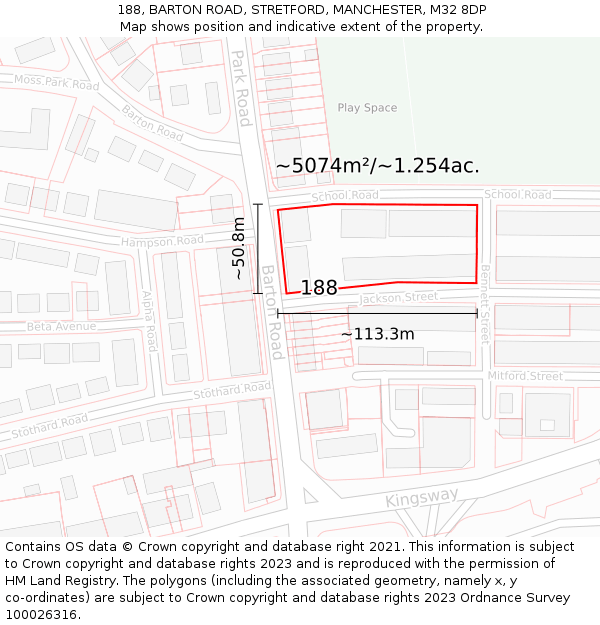 188, BARTON ROAD, STRETFORD, MANCHESTER, M32 8DP: Plot and title map