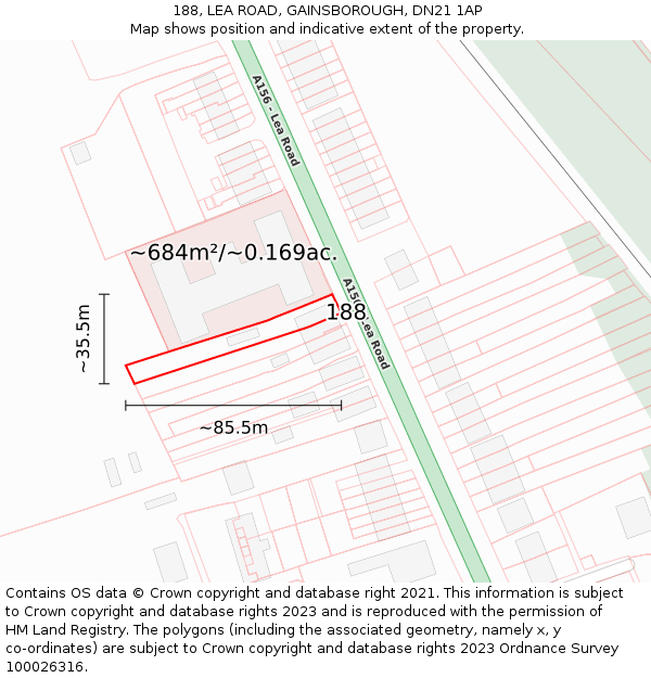 188, LEA ROAD, GAINSBOROUGH, DN21 1AP: Plot and title map