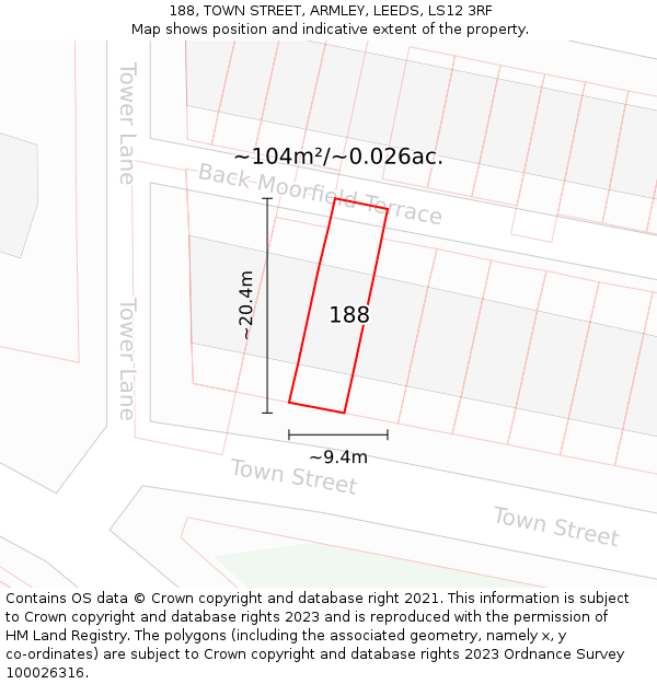 188, TOWN STREET, ARMLEY, LEEDS, LS12 3RF: Plot and title map