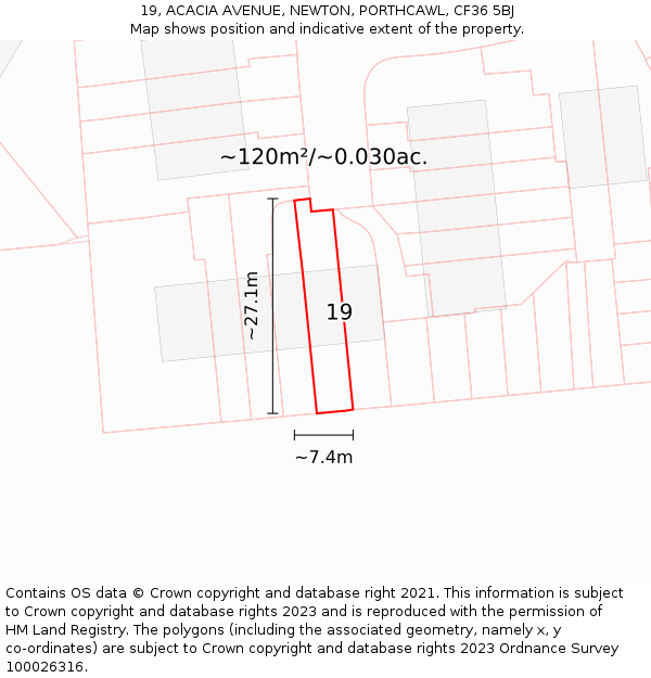 19, ACACIA AVENUE, NEWTON, PORTHCAWL, CF36 5BJ: Plot and title map