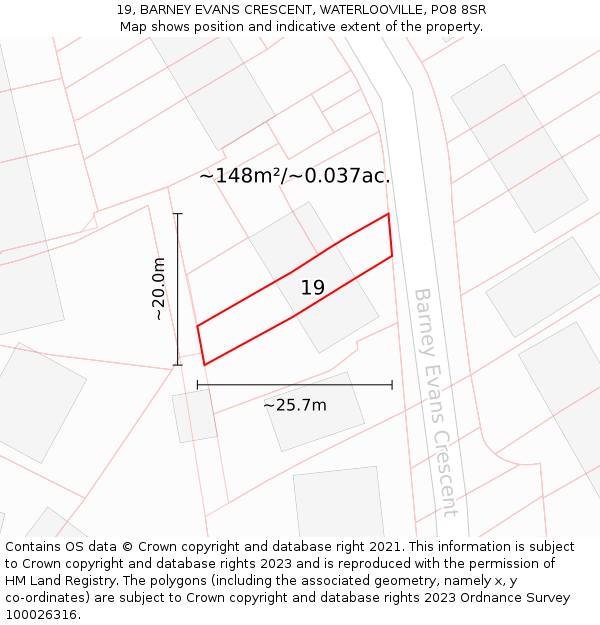 19, BARNEY EVANS CRESCENT, WATERLOOVILLE, PO8 8SR: Plot and title map