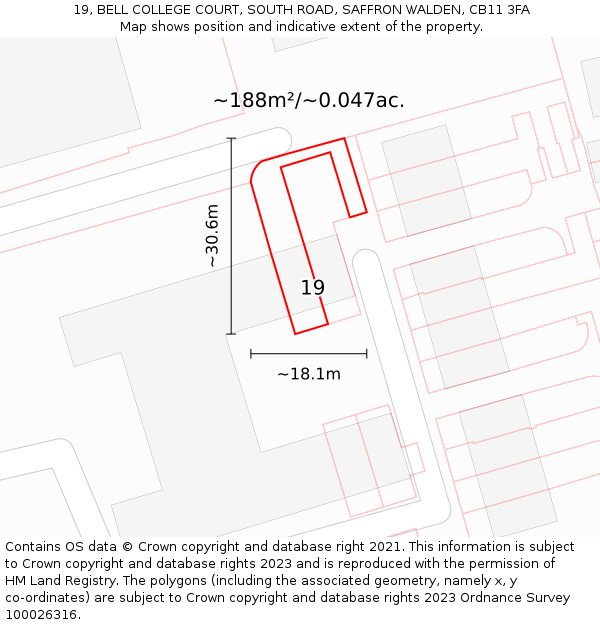 19, BELL COLLEGE COURT, SOUTH ROAD, SAFFRON WALDEN, CB11 3FA: Plot and title map