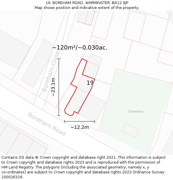 19, BOREHAM ROAD, WARMINSTER, BA12 9JP: Plot and title map