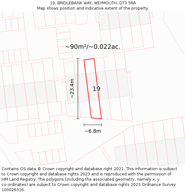 19, BRIDLEBANK WAY, WEYMOUTH, DT3 5RA: Plot and title map