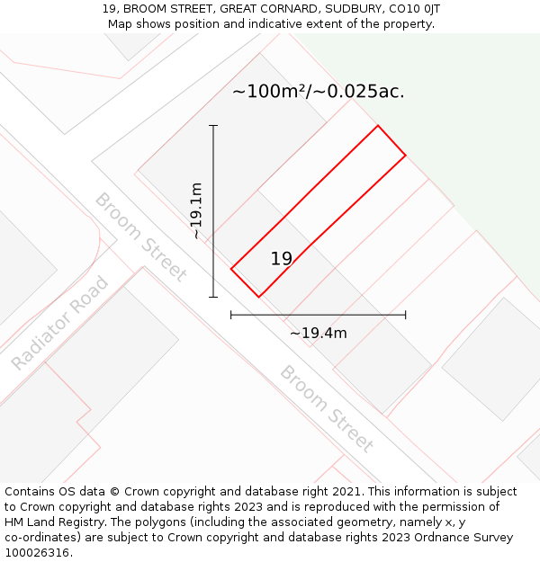 19, BROOM STREET, GREAT CORNARD, SUDBURY, CO10 0JT: Plot and title map