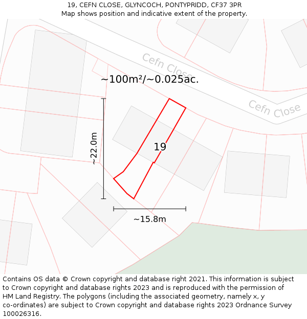 19, CEFN CLOSE, GLYNCOCH, PONTYPRIDD, CF37 3PR: Plot and title map
