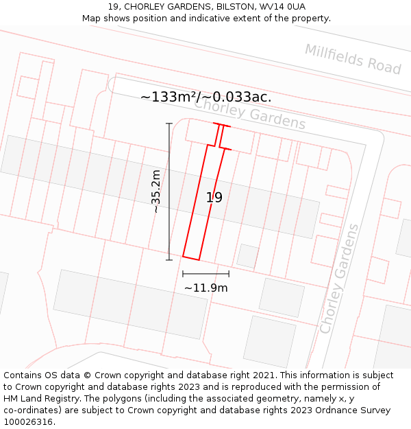 19, CHORLEY GARDENS, BILSTON, WV14 0UA: Plot and title map