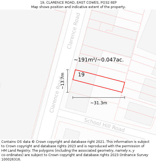 19, CLARENCE ROAD, EAST COWES, PO32 6EP: Plot and title map