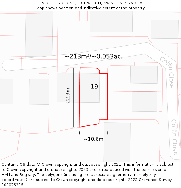 19, COFFIN CLOSE, HIGHWORTH, SWINDON, SN6 7HA: Plot and title map