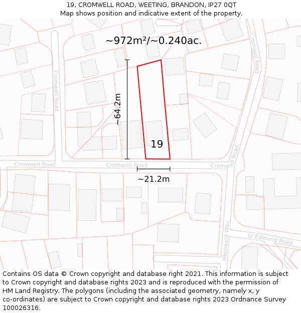 19, CROMWELL ROAD, WEETING, BRANDON, IP27 0QT: Plot and title map