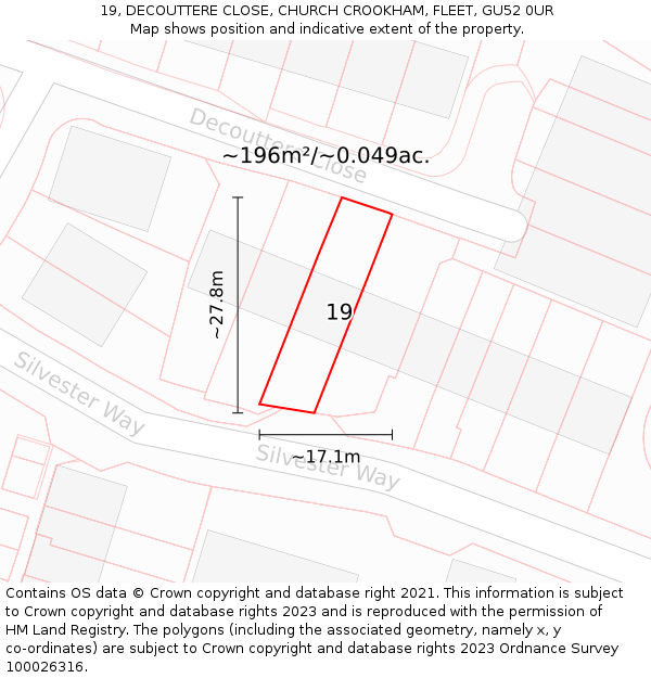 19, DECOUTTERE CLOSE, CHURCH CROOKHAM, FLEET, GU52 0UR: Plot and title map