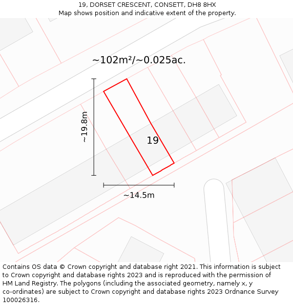19, DORSET CRESCENT, CONSETT, DH8 8HX: Plot and title map