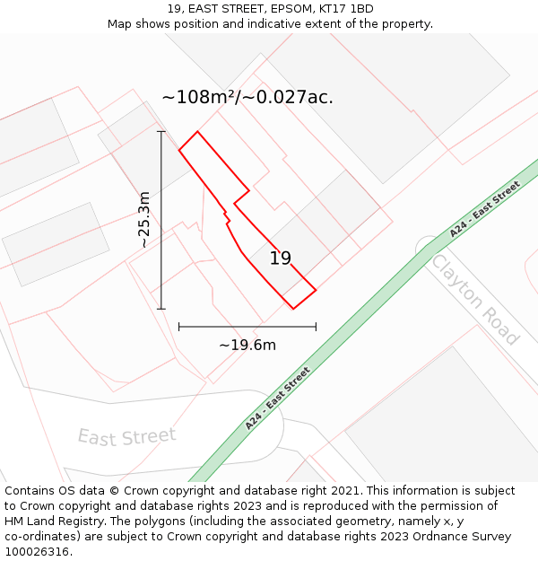 19, EAST STREET, EPSOM, KT17 1BD: Plot and title map
