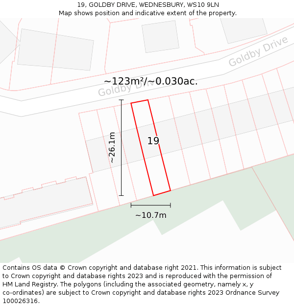 19, GOLDBY DRIVE, WEDNESBURY, WS10 9LN: Plot and title map