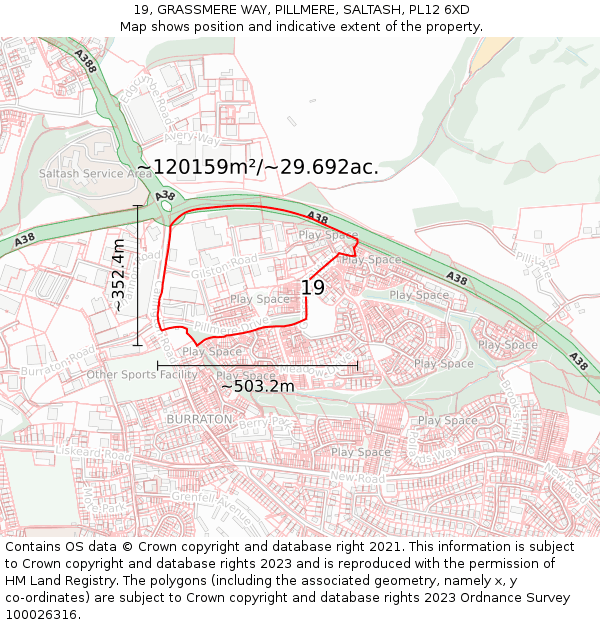 19, GRASSMERE WAY, PILLMERE, SALTASH, PL12 6XD: Plot and title map
