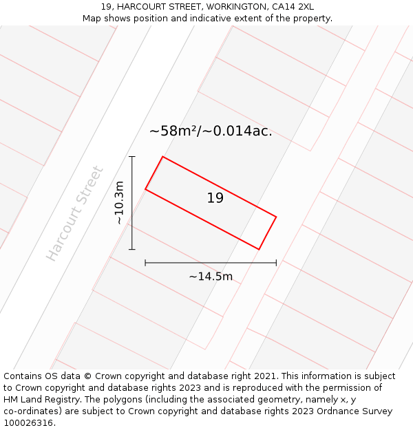 19, HARCOURT STREET, WORKINGTON, CA14 2XL: Plot and title map