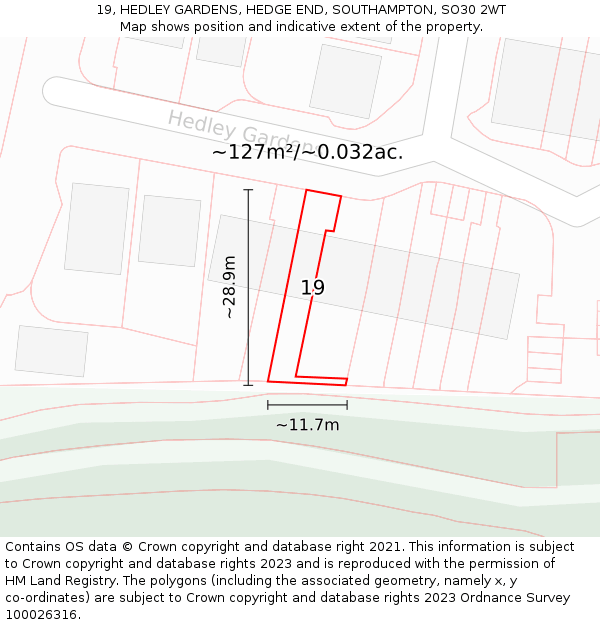19, HEDLEY GARDENS, HEDGE END, SOUTHAMPTON, SO30 2WT: Plot and title map