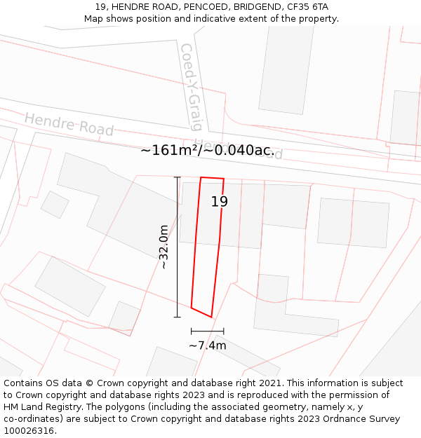 19, HENDRE ROAD, PENCOED, BRIDGEND, CF35 6TA: Plot and title map