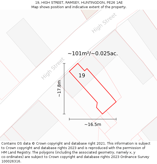 19, HIGH STREET, RAMSEY, HUNTINGDON, PE26 1AE: Plot and title map