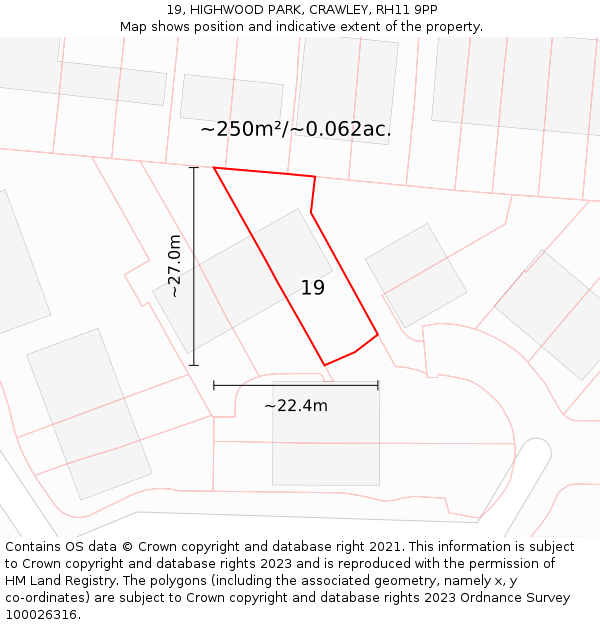 19, HIGHWOOD PARK, CRAWLEY, RH11 9PP: Plot and title map