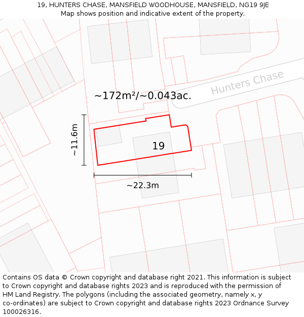 19, HUNTERS CHASE, MANSFIELD WOODHOUSE, MANSFIELD, NG19 9JE: Plot and title map