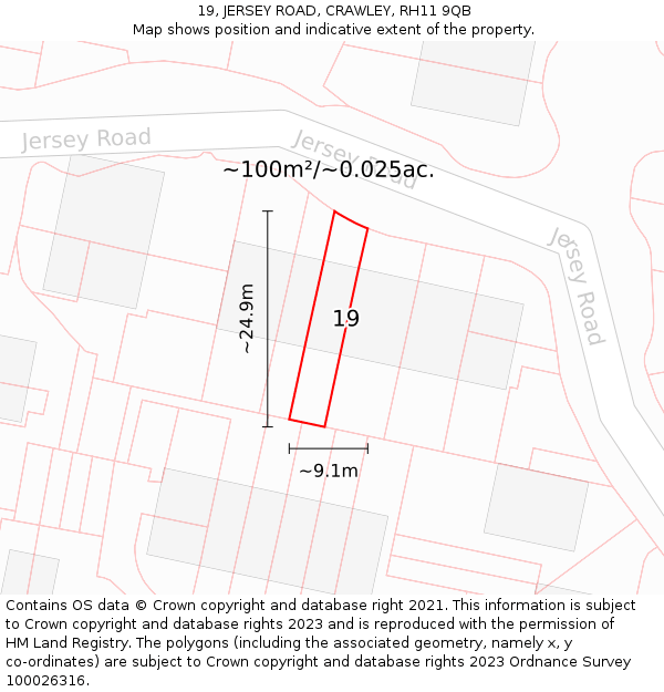 19, JERSEY ROAD, CRAWLEY, RH11 9QB: Plot and title map