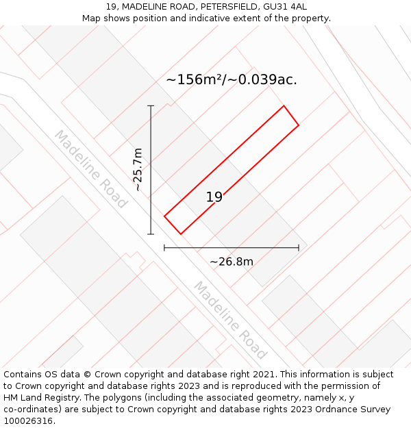 19, MADELINE ROAD, PETERSFIELD, GU31 4AL: Plot and title map