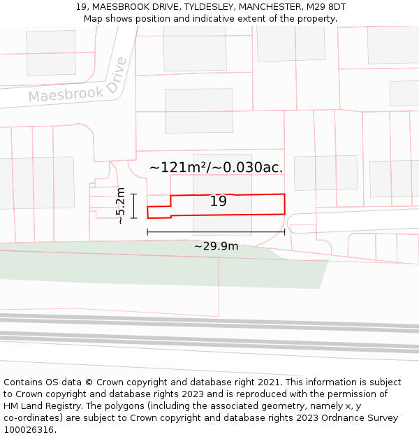 19, MAESBROOK DRIVE, TYLDESLEY, MANCHESTER, M29 8DT: Plot and title map